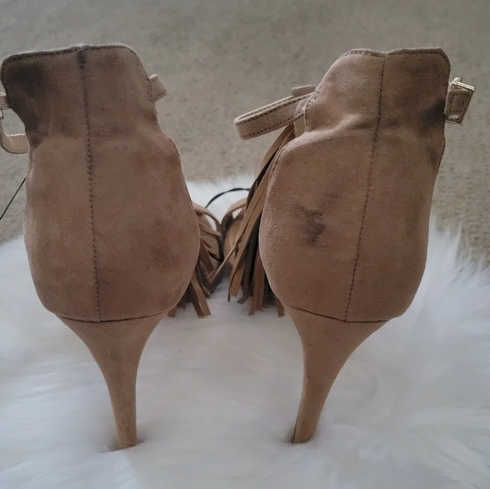 Express Fringe Strappy Heeled Suede Sandals